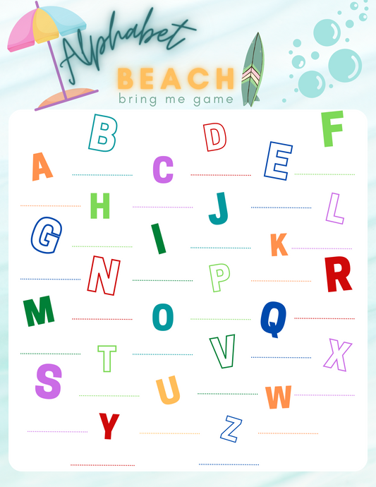Set against a beach-themed backdrop, colorful alphabet letters are scattered with dotted lines beneath certain letters. The text at the top reads, "Alphabet Beach Bring Me Game," and it's from Wondermom Printables. This engaging setup not only allows children to learn but also sparks their creativity along the shore.