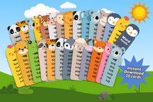 Load image into Gallery viewer, Colorful illustration of 25 Wondermom Shop CVC Flashcards displaying phonics skills, each with a different animal and sound combination, placed in a grassy field under a sunny sky.
