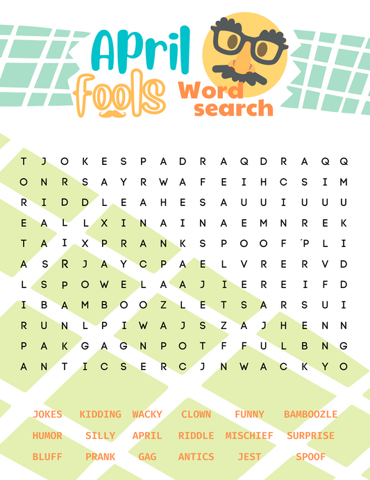 The "April Fools Word Search" by Wondermom Printables provides endless entertainment, featuring words such as jokes, kidding, wacky, clown, funny, bamboozle, humor, and prank listed at the bottom. It is adorned with April Fools-themed graphics.