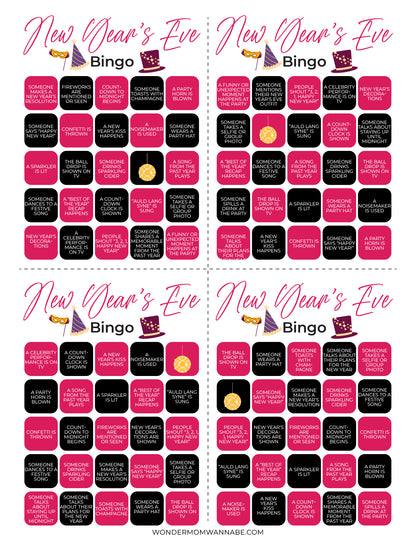 The New Year's Eve Bingo card, included in Wondermom Shop's New Year's Eve Game Night Kit, is adorned with festive icons and celebratory activities in each square to ensure an unforgettable New Year’s Eve celebration.