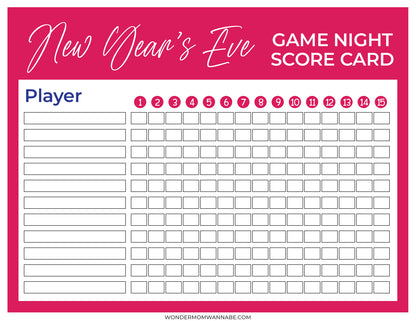The New Year's Eve Game Night Kit by Wondermom Shop features a scorecard designed for up to 15 rounds, making it an ideal addition to your New Year's Eve celebration. Enjoy this printable party game while ringing in the new year with friends and family.