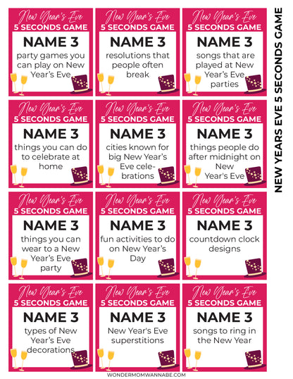 Start your New Year's Eve celebration with Wondermom Shop's New Year's Eve Game Night Kit, which includes text cards featuring entertaining prompts such as resolutions, party games, and countdown traditions. This printable game is ideal for making your gathering truly memorable!