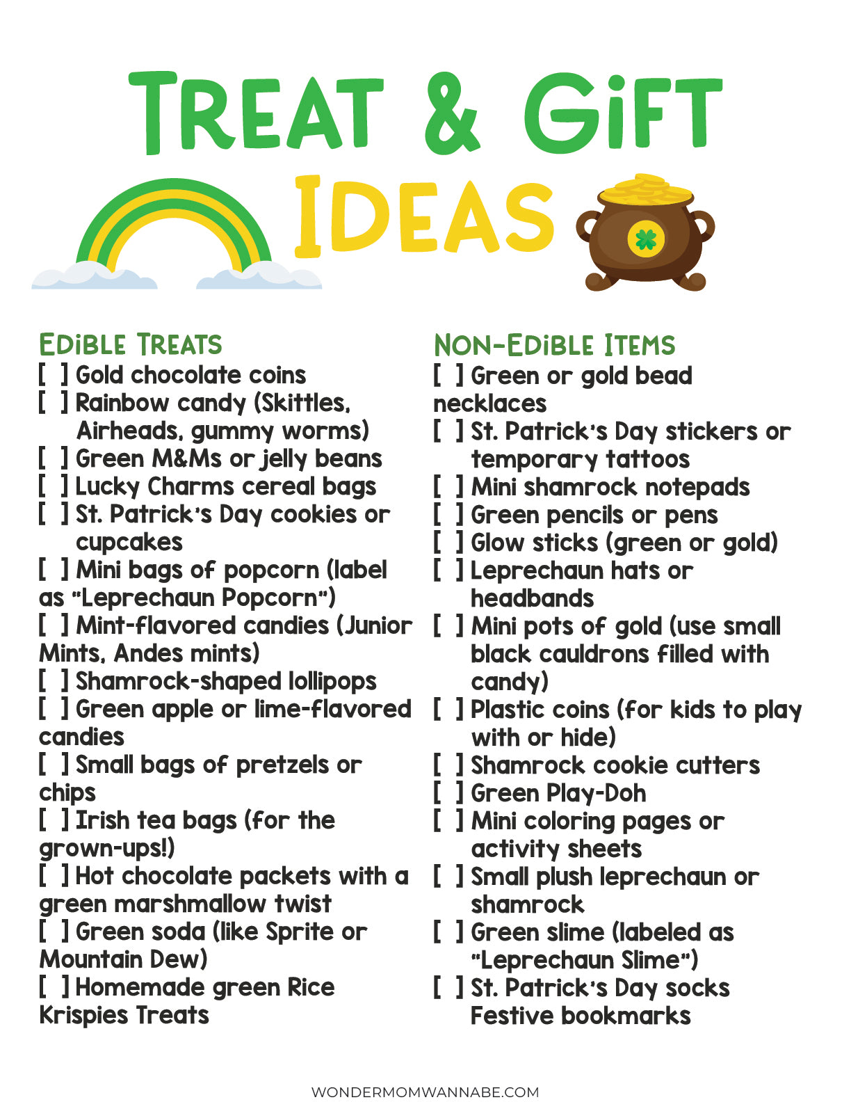 Discover festive treat and gift ideas with colorful designs, featuring edible delights like candy and popcorn, along with non-edible treasures like toys and themed decorations. Enjoy VIP Vault's "You’ve Been Pinched" printable set for a fun St. Patrick’s Day game experience!.