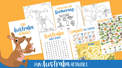 Discover the Australia Activity Set by Wondermom Shop, a delightful collection of fun activity sheets featuring Aboriginal symbols and an illustration of kangaroos, including word searches, coloring pages, pattern completion activities, letter tracing exercises, and an engaging I Spy game.