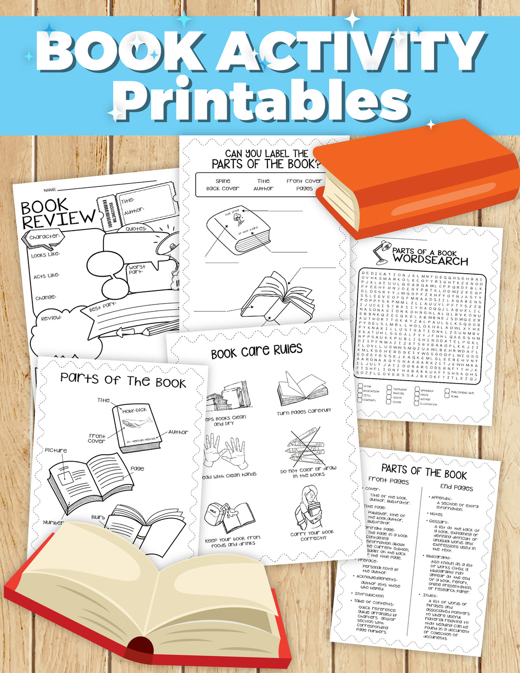 The Book Basics Activity Set from Wondermom Shop includes a collage of printable book activity sheets featuring a book review template, book care rules, labeling book parts for book anatomy, word search puzzles, and illustrations—with an open and closed book on a wooden surface.