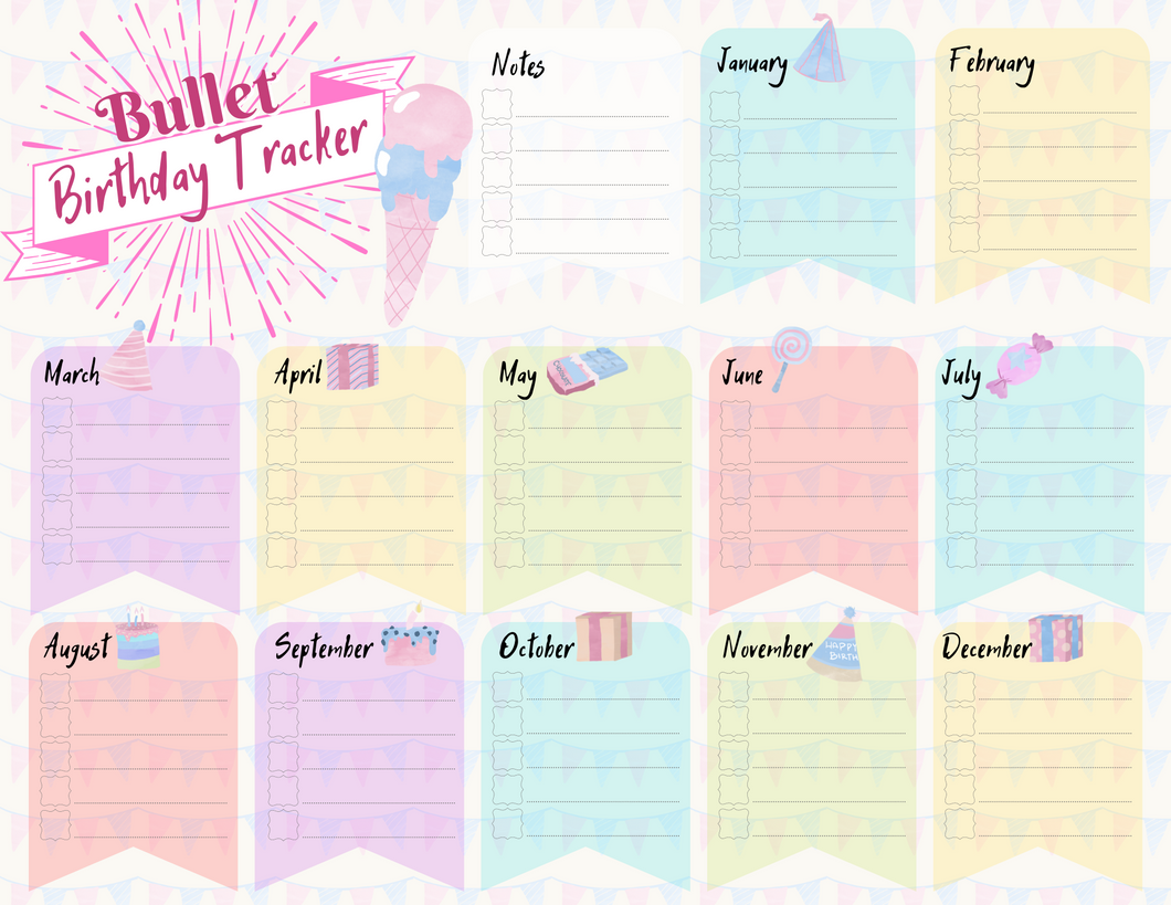 Bullet Birthday Tracker template with polka dots, Wondermom Printables.