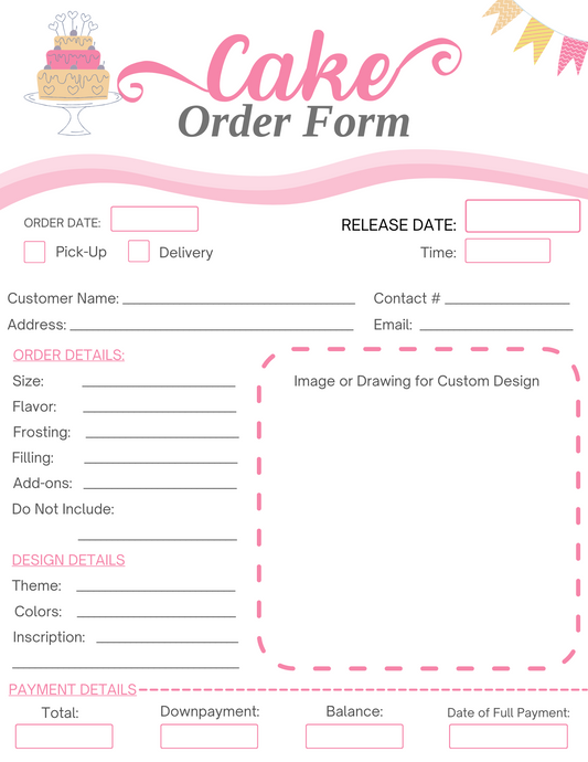 The Wondermom Printables Cake Order Form includes sections for order date, release date, pick-up or delivery options, customer and contact information, order details (such as size, flavor, frosting, filling, and add-ons), special instructions for your custom cake design (covering theme, colors, and inscription), as well as payment details. It's perfect for any special occasion cake!