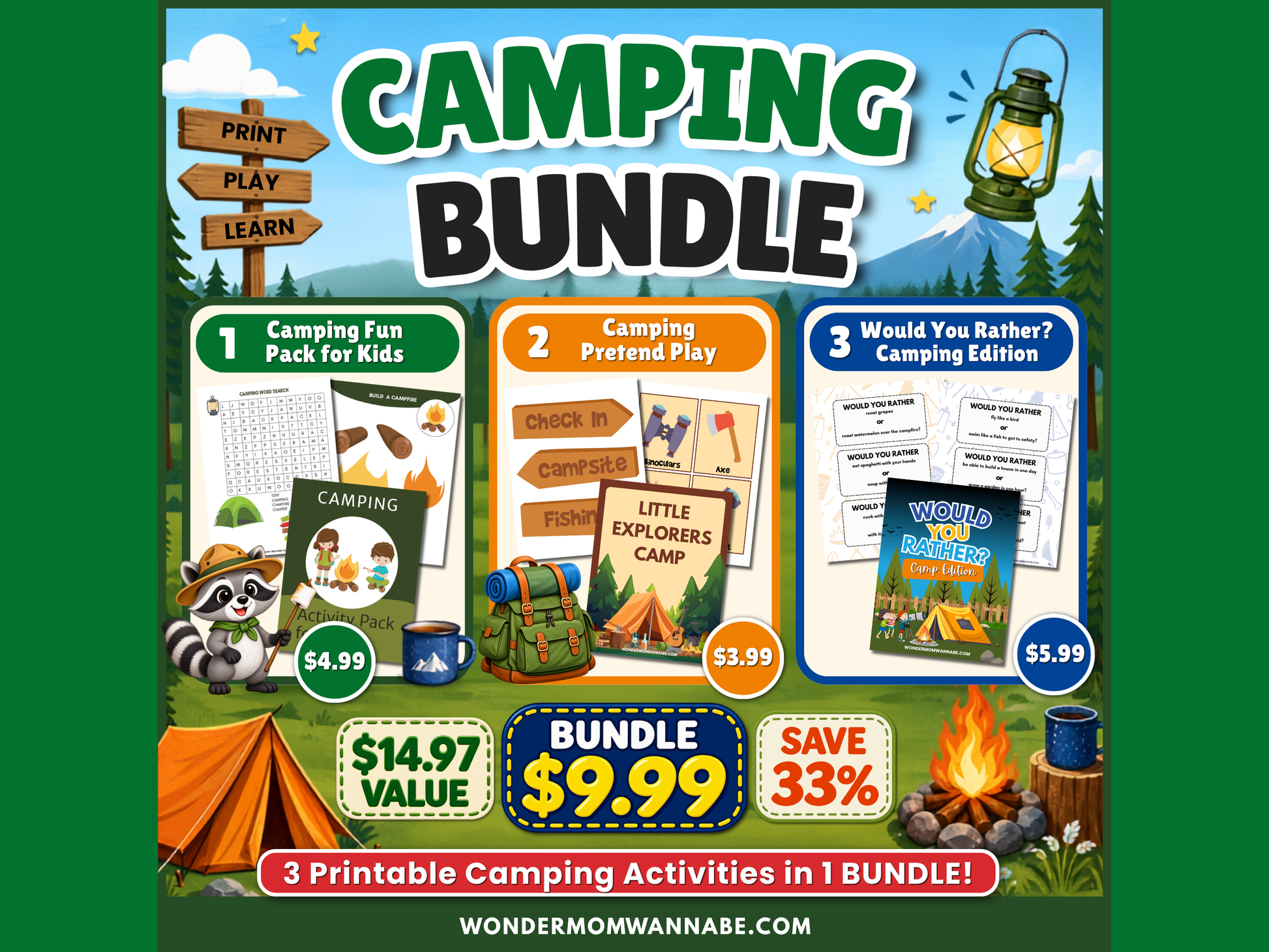 Printable camping activity bundle for kids with Camping Fun Pack, Pretend Play, and Would You Rather game for $9.99.