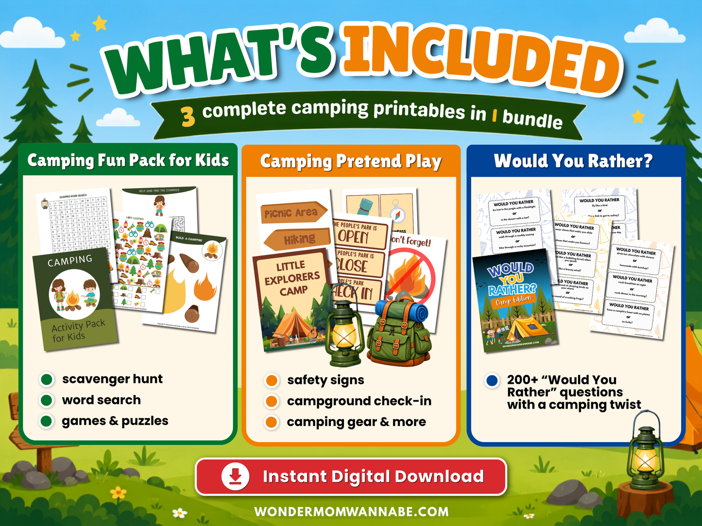 Three printable camping activities for kids featuring games, pretend play props, puzzles, and 200+ camping Would You Rather questions.