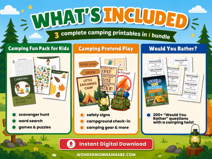 Three printable camping activities for kids featuring games, pretend play props, puzzles, and 200+ camping Would You Rather questions.