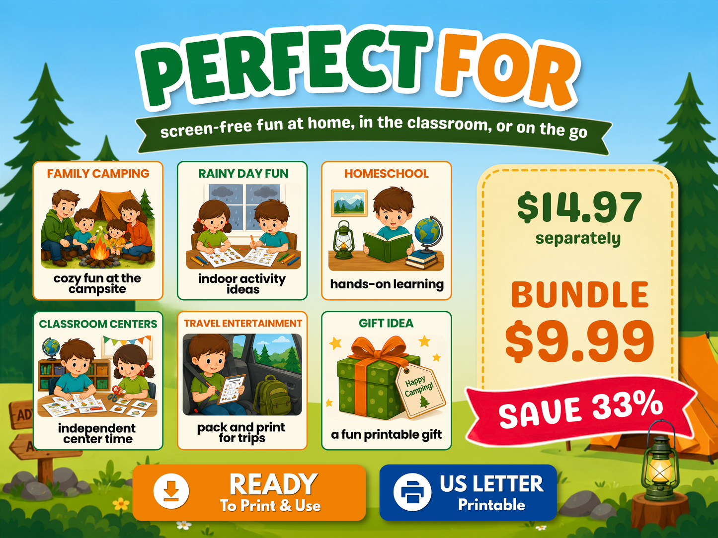 Kids camping printable bundle for family camping, rainy days, homeschool, classroom centers, travel entertainment, and gift ideas.