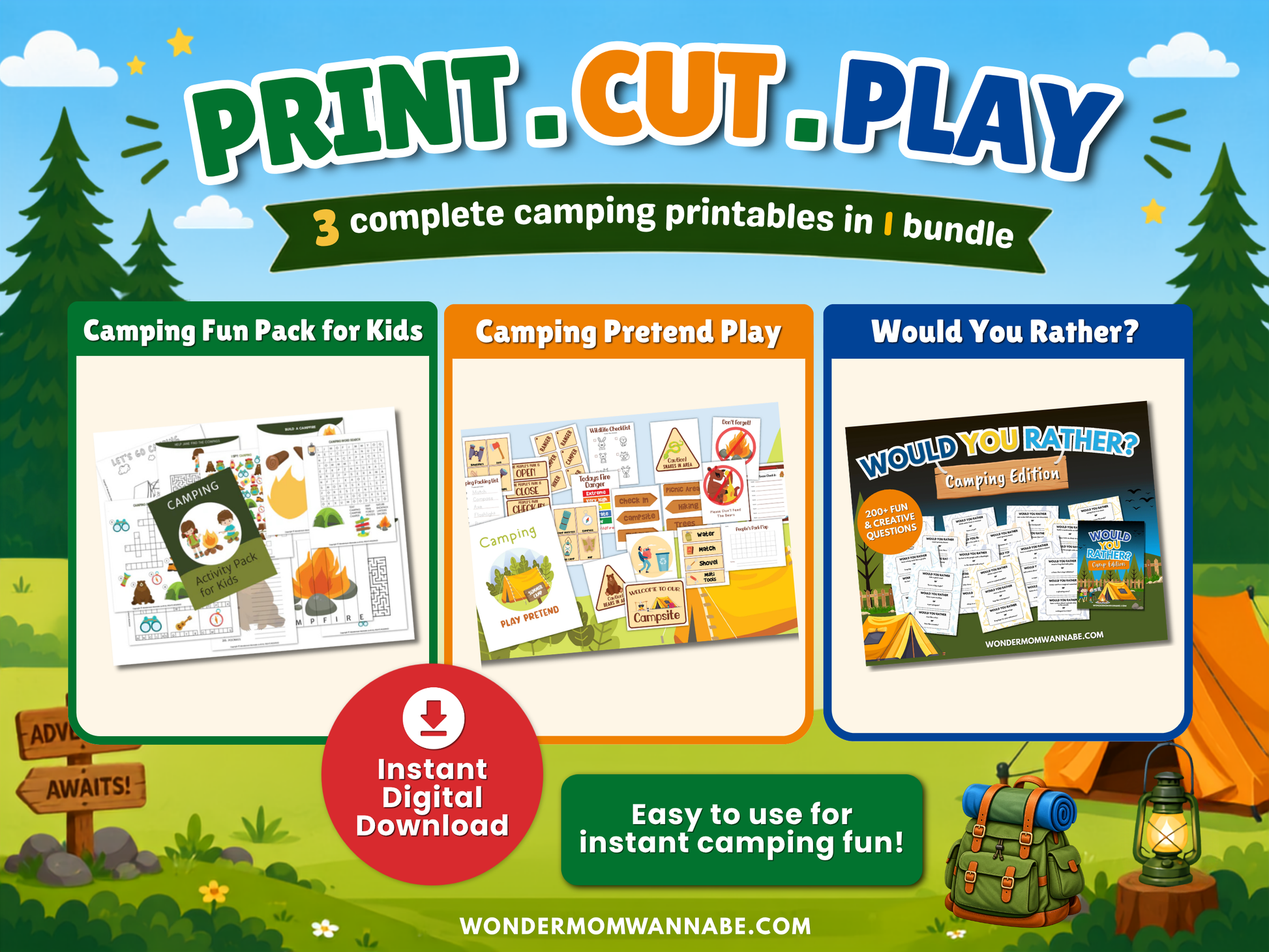 Instant download camping bundle with printable kids activities, camping pretend play, and Would You Rather game for screen-free fun.