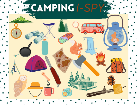 Illustration titled "Camping I Spy" by Wondermom Printables, a printable game featuring various camping-related items including a tent, campfire, lantern, binoculars, backpack, and map, all arranged on a polka-dotted background. Perfect for your next camping adventure!