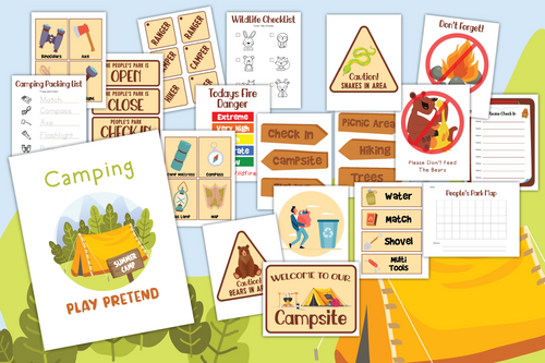 Illustration of various camping-themed signs, checklists, and labels from Wondermom Shop's 