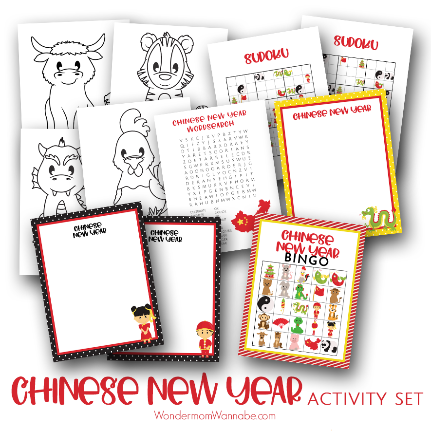A Chinese New Year Activity Set display from Wondermom Shop features coloring sheets, Sudoku, word search, writing prompts, and a festive Chinese New Year Bingo game—each adorned with illustrations of Chinese zodiac animals.