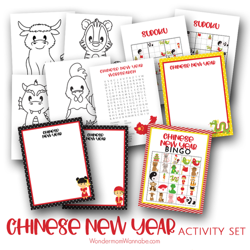 A Chinese New Year Activity Set display from Wondermom Shop features coloring sheets, Sudoku, word search, writing prompts, and a festive Chinese New Year Bingo game—each adorned with illustrations of Chinese zodiac animals.