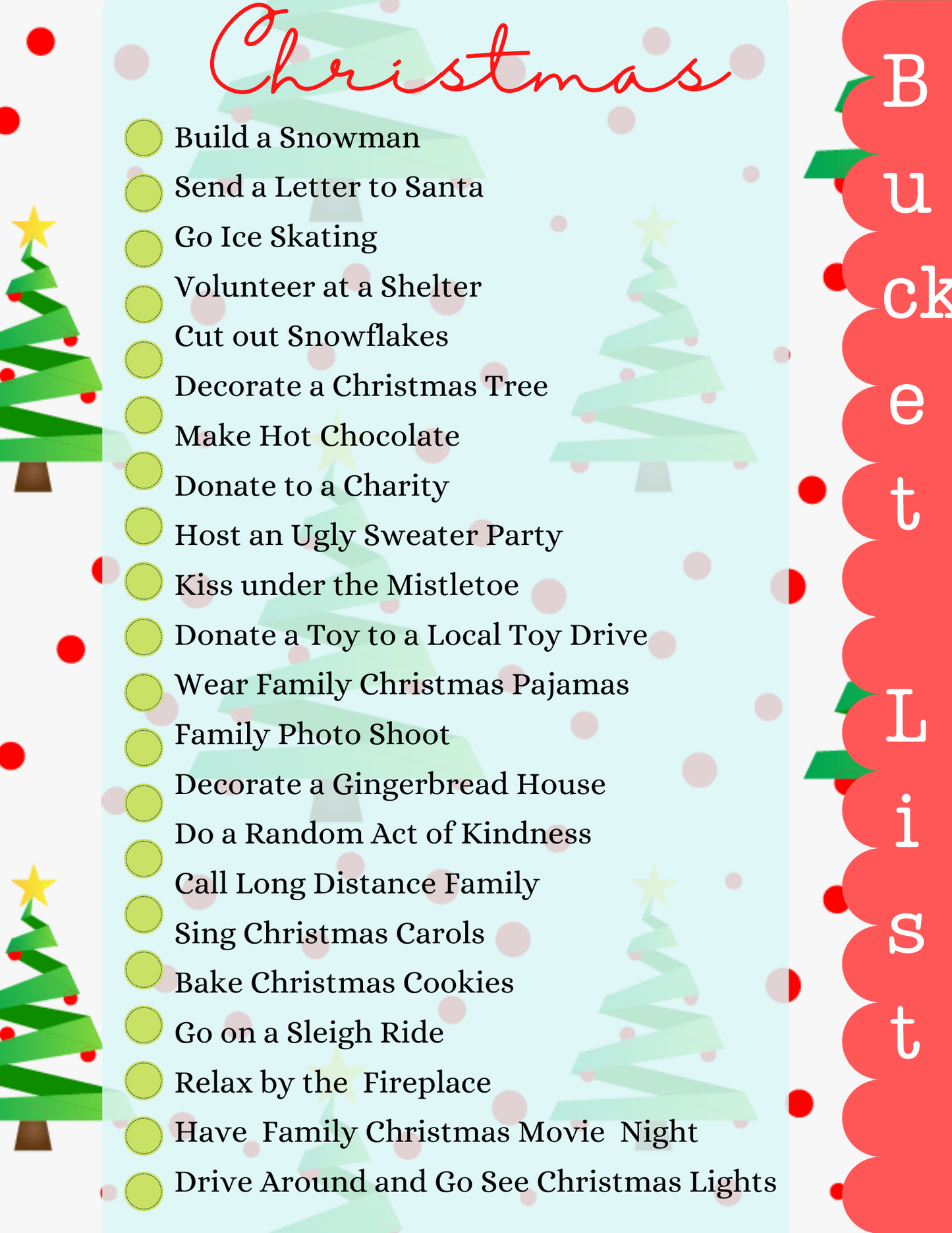 A Christmas Bucket List with a Christmas tree from Wondermom Printables.