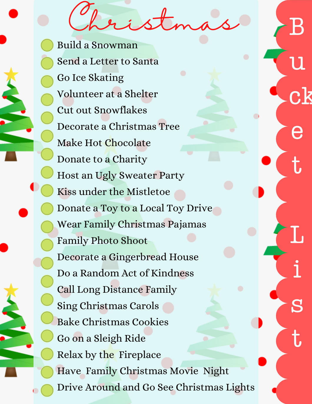A Christmas Bucket List with a Christmas tree from Wondermom Printables.