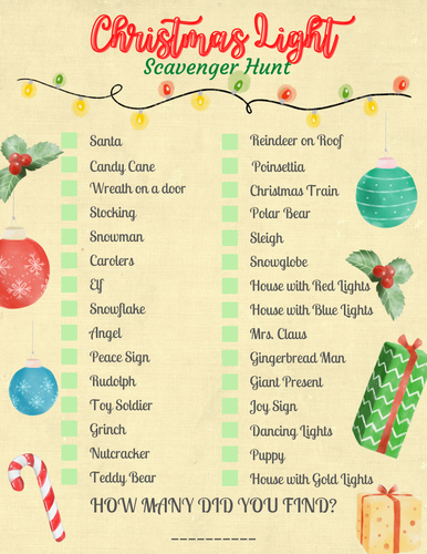 Wondermom Printables presents the Christmas Lights Scavenger Hunt reenactment.