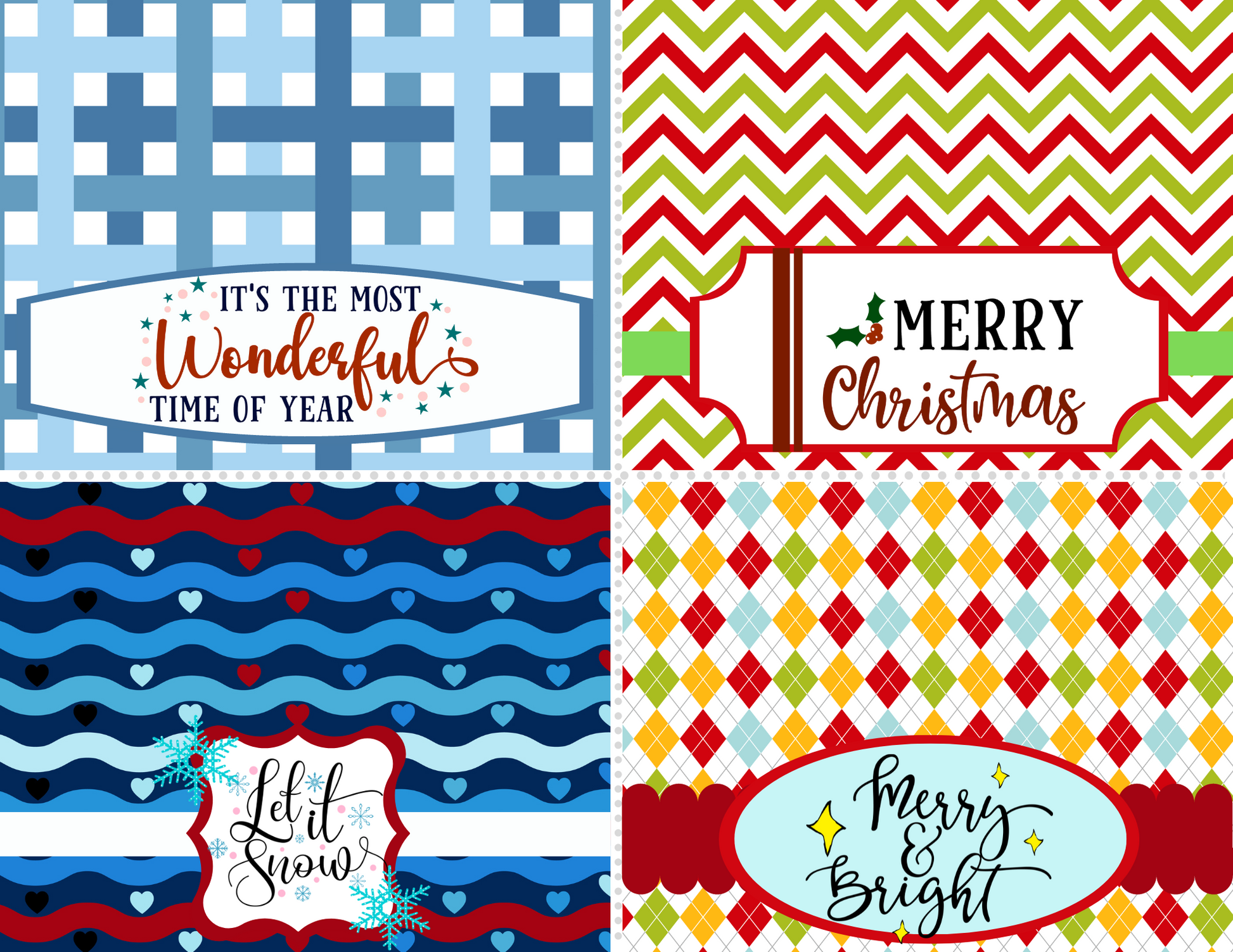 Wondermom Printables' Christmas Bag Toppers feature four unique holiday-themed designs with the messages: "It's the Most Wonderful Time of Year," "Merry Christmas," "Let it Snow," and "Merry & Bright." Each design is crafted with distinct patterns and color schemes, making them perfect for customizable packaging.