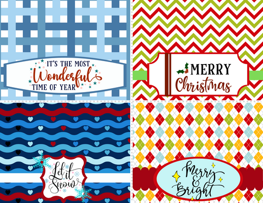 Wondermom Printables' Christmas Bag Toppers feature four unique holiday-themed designs with the messages: "It's the Most Wonderful Time of Year," "Merry Christmas," "Let it Snow," and "Merry & Bright." Each design is crafted with distinct patterns and color schemes, making them perfect for customizable packaging.