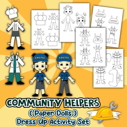 The Wondermom Shop's Community Helpers Paper Dolls features police officer paper dolls, a variety of costumes, and accessories for coloring and cutting out. This engaging set promotes learning about different professions through fun and educational activities.