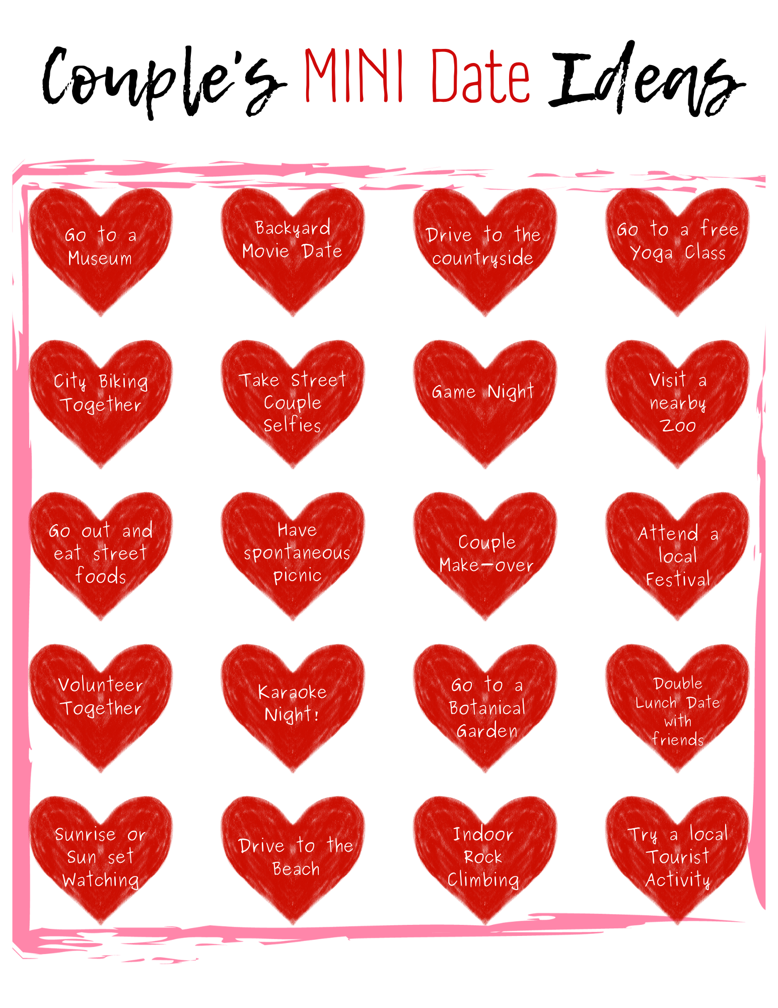 Graphic with Couples Mini Date Ideas, each idea enclosed within a heart illustration by Wondermom Printables.