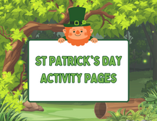 Load image into Gallery viewer, In a whimsical forest setting, a cheerful leprechaun holds a sign reading &quot;St. Patrick&#39;s Day Activity Pages – Fun &amp; Educational Printable for Kids!&quot; by Wondermom Shop.
