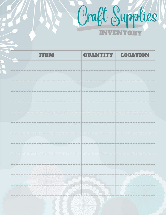Wondermom Printables' Craft Room Supplies Inventory chart features three columns for Item, Quantity, and Location, set against a decorative background with geometric and floral patterns.