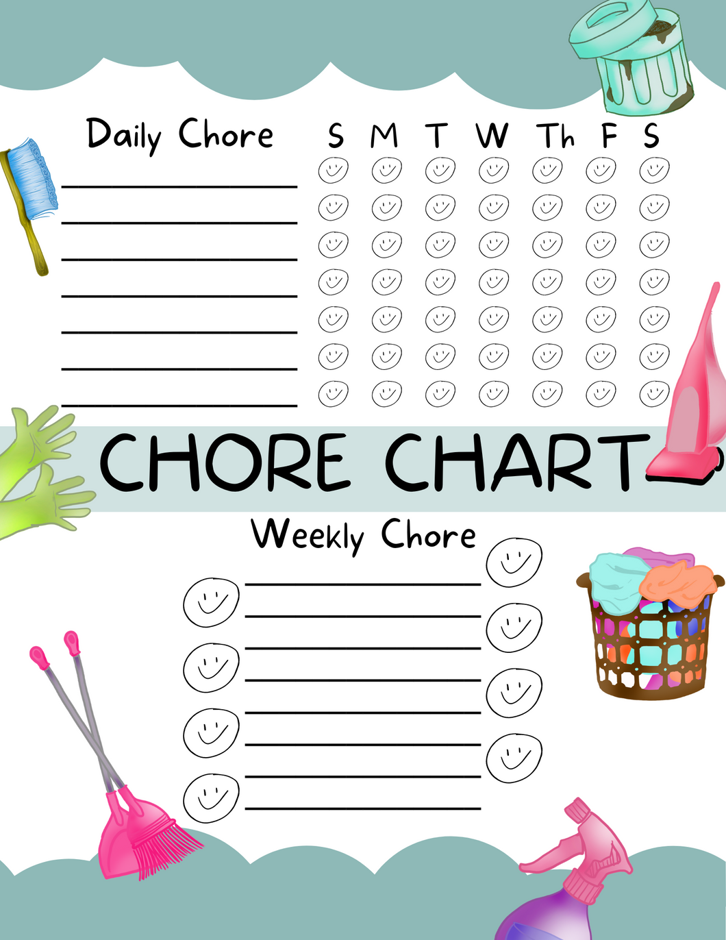 A Daily and Weekly Chore Chart with household items on it by Wondermom Printables.