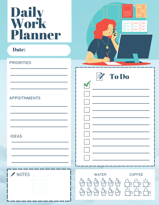 Illustration of the Wondermom Printables Daily Work Planner featuring sections for the date, priorities, appointments, ideas, notes, water and coffee intake tracking, and a to-do list with checkboxes. In the background, a person is sitting at a desk.