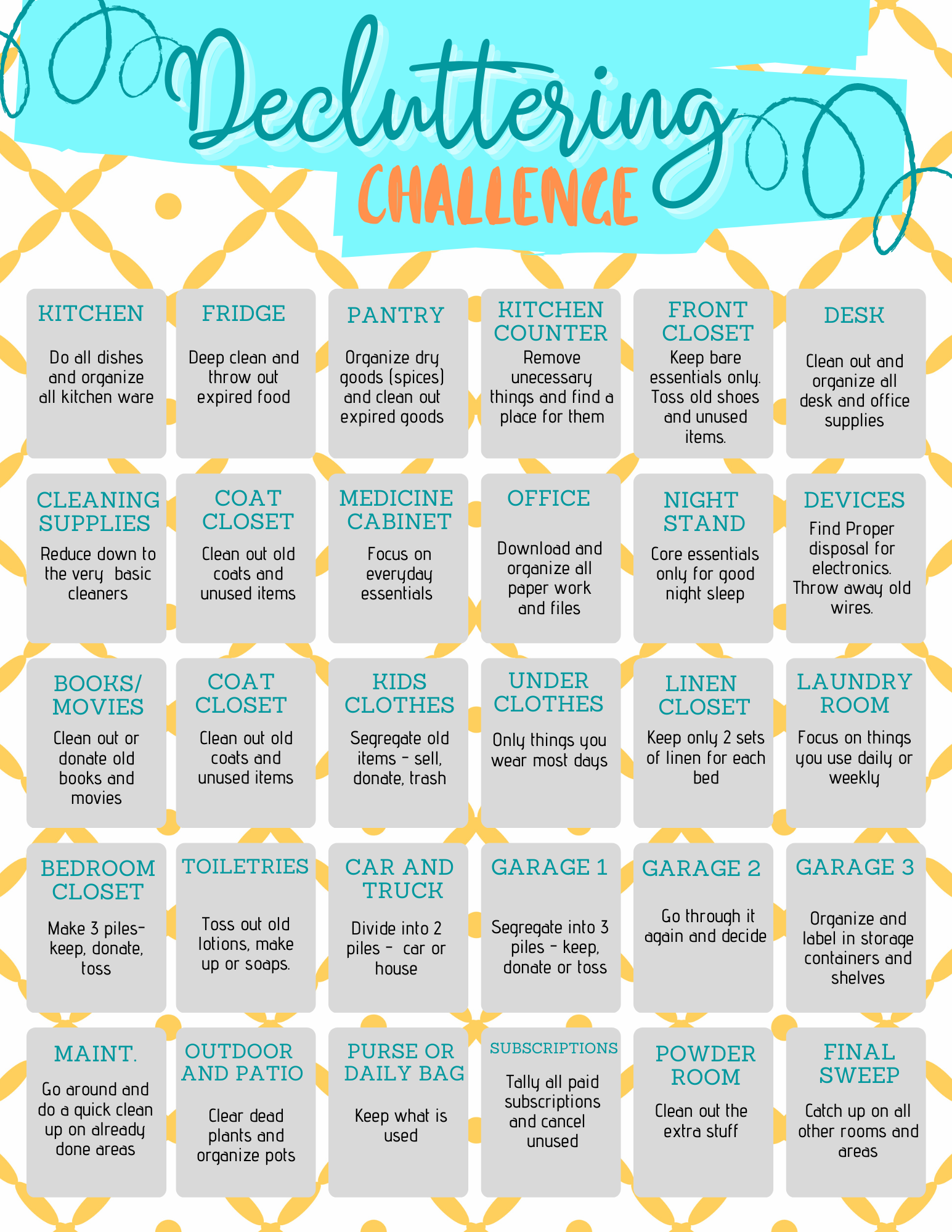 A Wondermom Printables Decluttering Challenge poster with the words decluttering challenge.