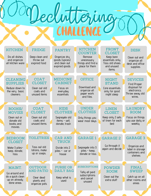 A Wondermom Printables Decluttering Challenge poster with the words decluttering challenge.