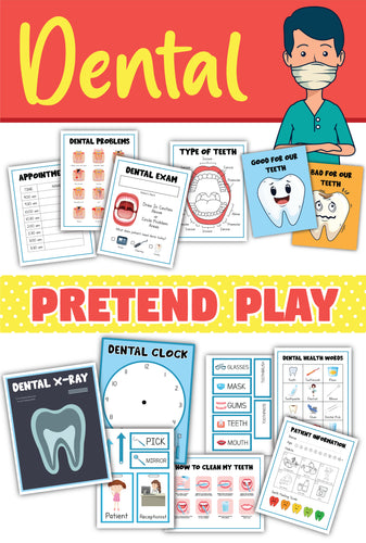 The Wondermom Shop's Dentist Pretend Play set includes a range of educational materials like dental problems, types of teeth, dental exams, dental X-rays, a dental clock, and instructions on how to clean teeth. It’s perfect for teaching kids about oral hygiene while they have fun.