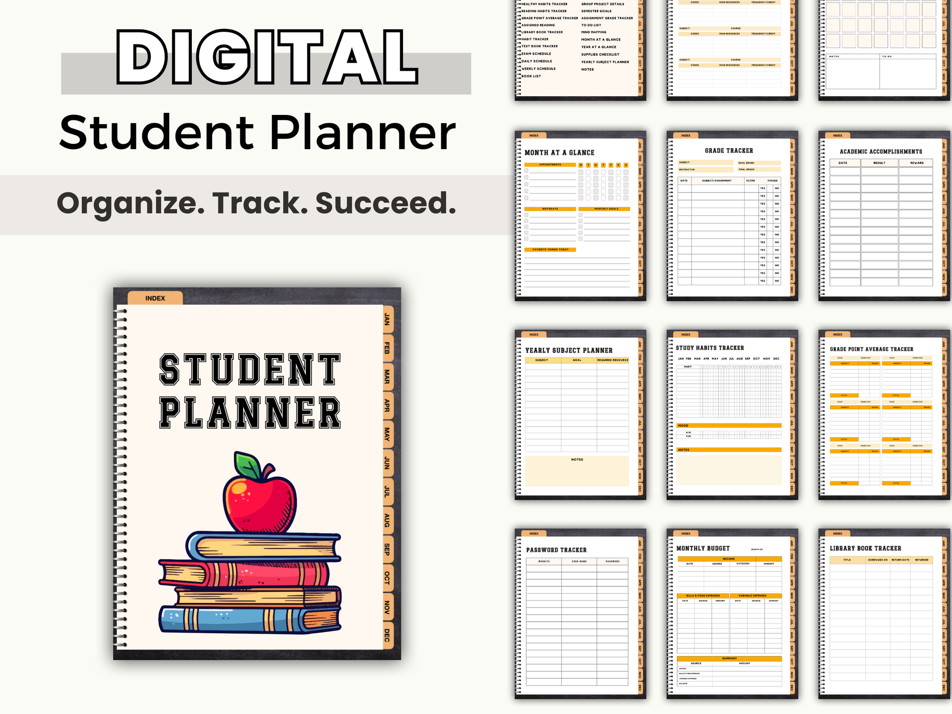 The Undated Digital Student Planner by Wondermom Shop features an apple-on-books cover and preview pages to help teens and college students organize assignments, track grades, and manage academic tasks. Printable and perfect for student success.