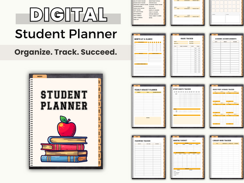 The Undated Digital Student Planner by Wondermom Shop features an apple-on-books cover and preview pages to help teens and college students organize assignments, track grades, and manage academic tasks. Printable and perfect for student success.