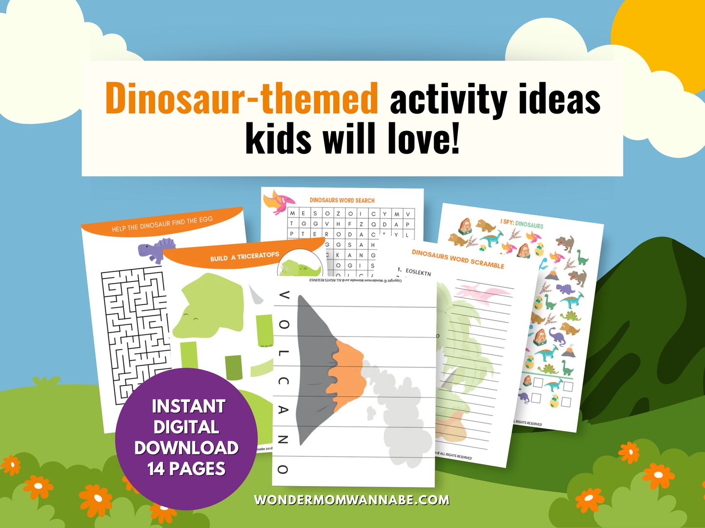Dinosaurs Fun Pack for Kids – Printable Dinosaur Games, Puzzles, Crafts & Prehistoric Activities