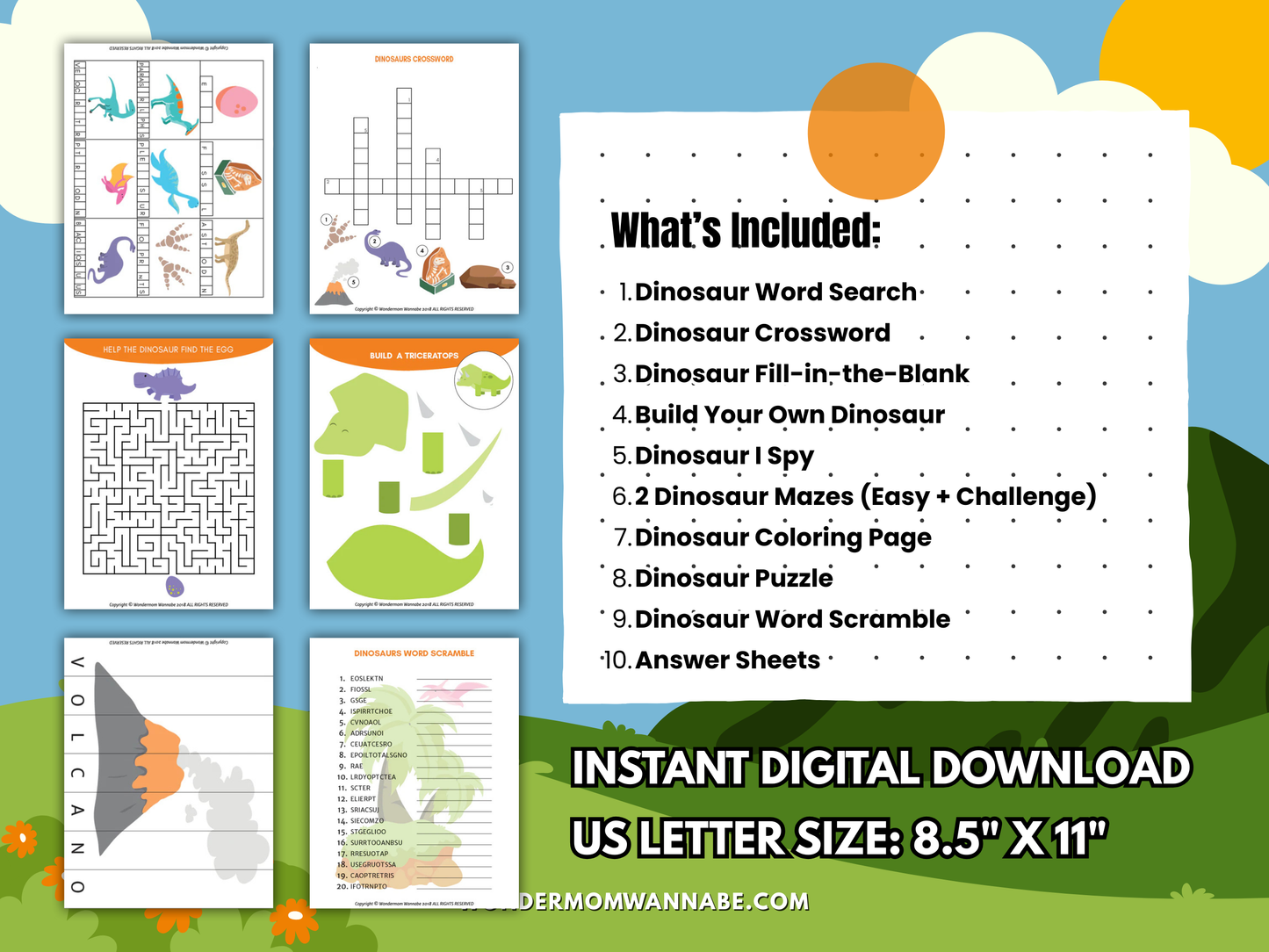 Dinosaurs Fun Pack for Kids – Printable Dinosaur Games, Puzzles, Crafts & Prehistoric Activities