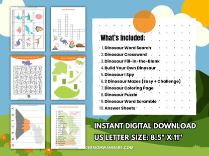 Dinosaurs Fun Pack for Kids – Printable Dinosaur Games, Puzzles, Crafts & Prehistoric Activities