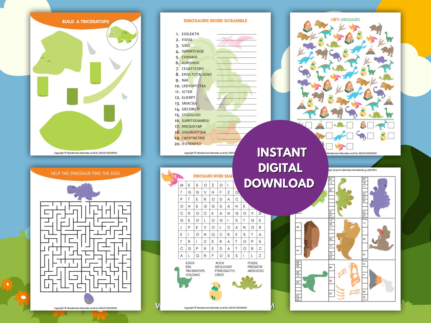 Dinosaurs Fun Pack for Kids – Printable Dinosaur Games, Puzzles, Crafts & Prehistoric Activities