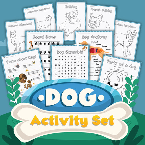 Dog Activity Set by Wondermom Shop includes illustrated pages featuring dog breeds, a board game, word scramble, dog anatomy, parts of a dog, and fun dog facts.