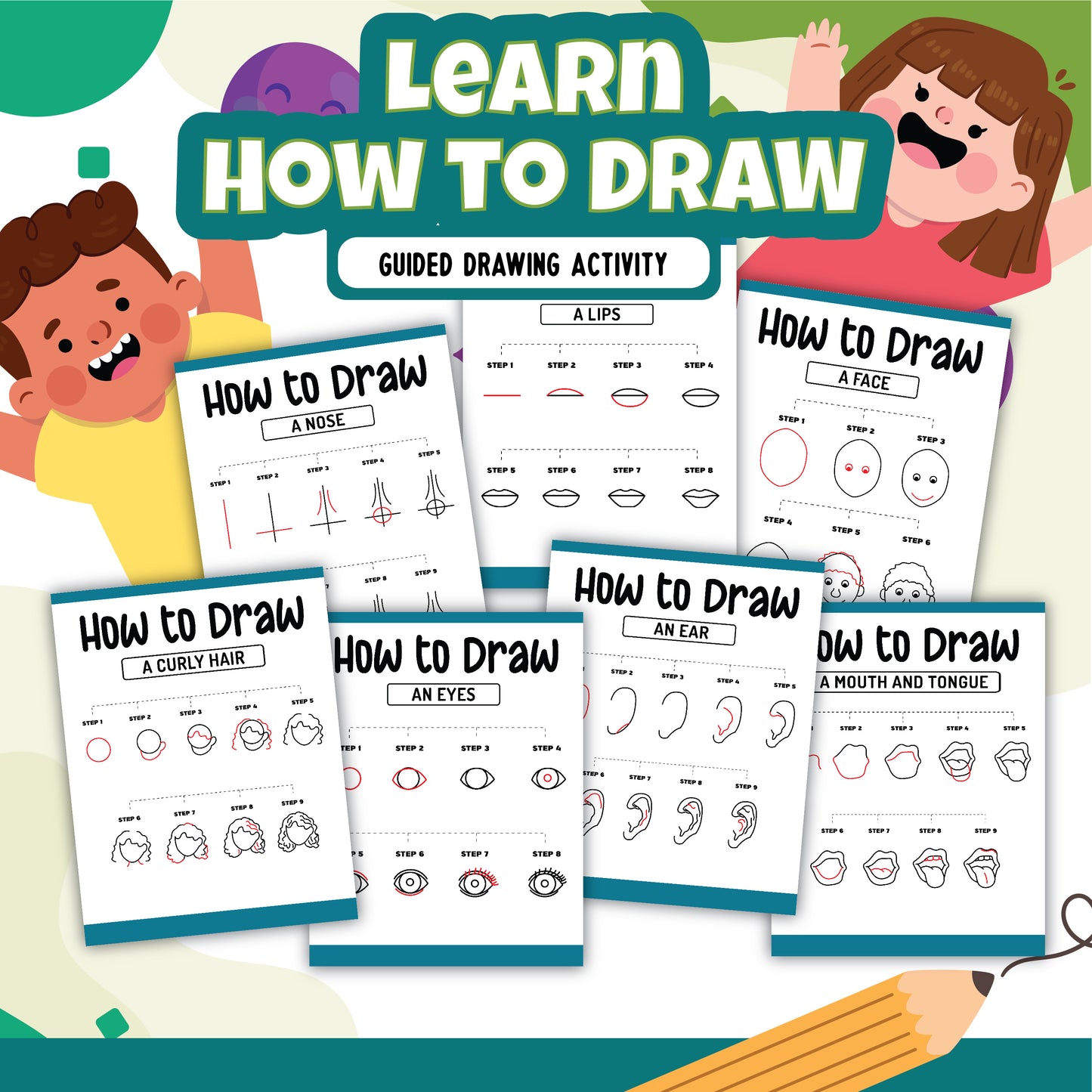 The instructional guide titled "How to Draw Faces" by Wondermom Shop offers step-by-step drawing instructions for facial features such as the nose, lips, face, eyes, ears, and mouth. Illustrated worksheets are included to help improve your artistic skills with clear and detailed drawing techniques.