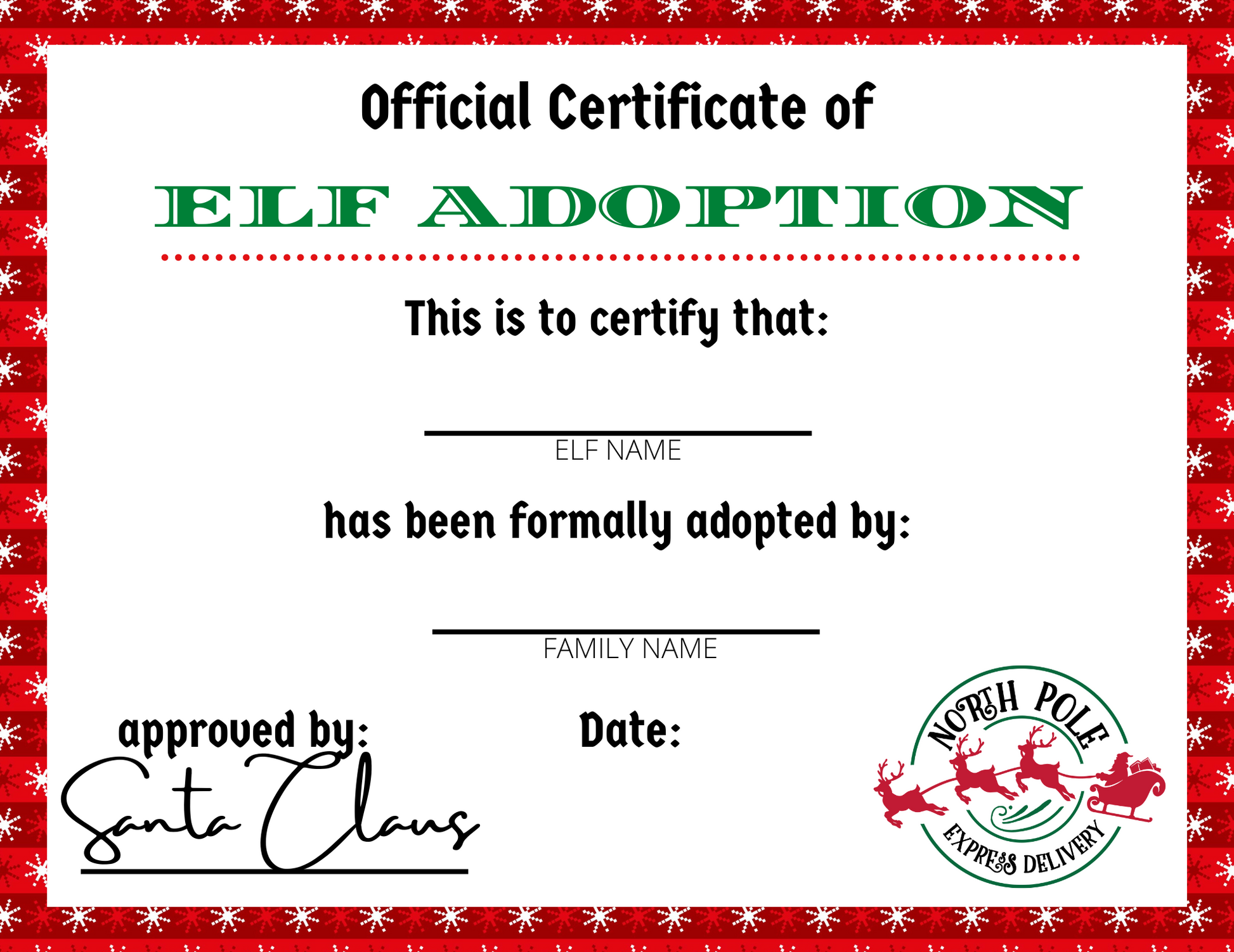 Wondermom Printables Elf Adoption Certificate with Santa Claus and Santa Claus.