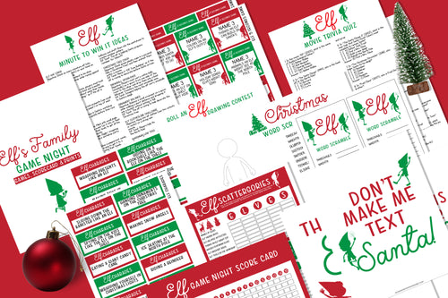 Wondermom Shop's Elf’s Family Game Night Kit offers elf-themed games with holiday graphics on a red background, complete with a small Christmas tree and ornament, perfect for festive fun.