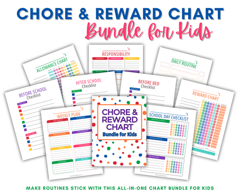 The Wondermom Shop’s Chore & Reward Chart Bundle for Kids – Printable Responsibility System features colorful charts, routines checklists, and reward charts to help kids stay organized and motivated.