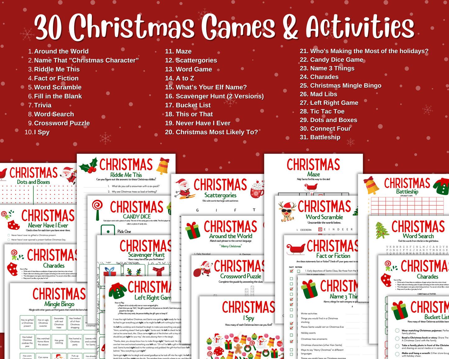 The image features the "Ultimate Printable Christmas Game Pack" by Wondermom Shop, bursting with festive activities such as "Christmas Bingo," "Word Search," and "I Spy." It's an ideal choice for holiday party fun, set against a lively red background.