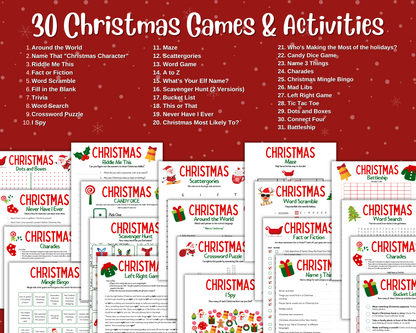 The image features the "Ultimate Printable Christmas Game Pack" by Wondermom Shop, bursting with festive activities such as "Christmas Bingo," "Word Search," and "I Spy." It's an ideal choice for holiday party fun, set against a lively red background.