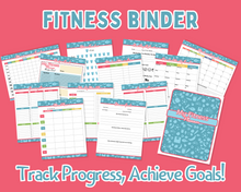 Load image into Gallery viewer, My Fitness Planner&quot; by Wondermom Shop features pink fitness binder pages to track workouts, meals, and progress. With &quot;Track Progress, Achieve Goals!&quot; text, it’s an ideal printable planner for health and wellness enthusiasts.
