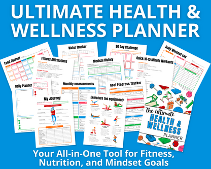 Wondermom Shop's Ultimate Health & Wellness Planner showcases pages with food sections, fitness planner routines, water tracking, medical history, and goal progress. Features colorful graphics and habit trackers to aid meal planning and chart your health journey.