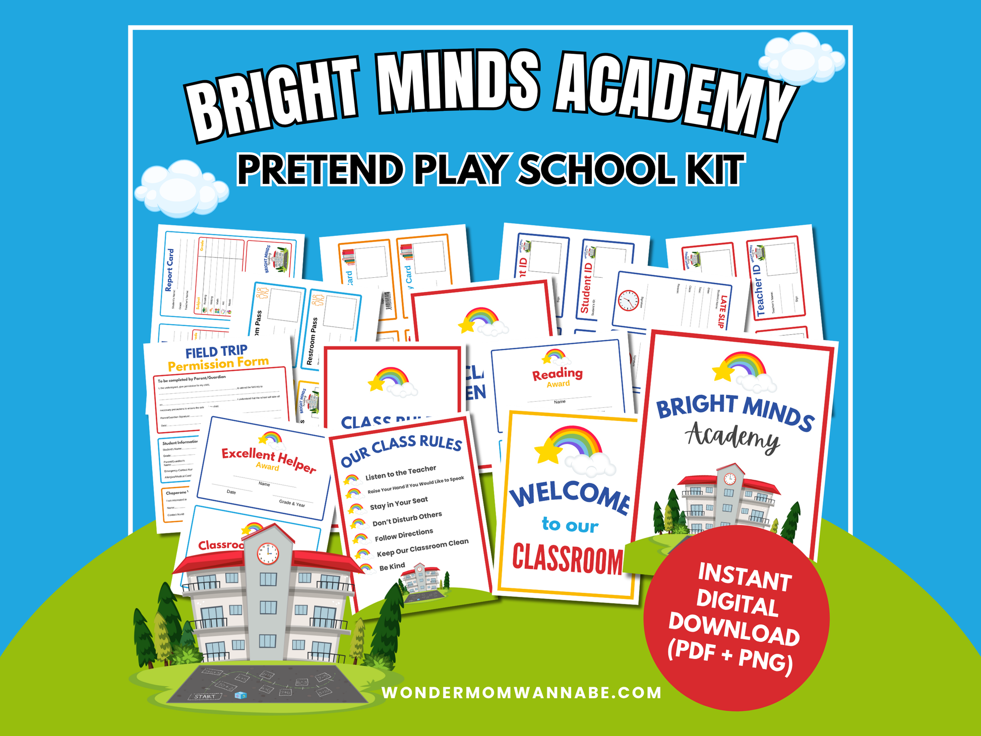 Bright Minds Academy - Printable Pretend Play School Kit for Kids by Wondermom Shop includes illustrated classroom printables, class rules, signs, forms, and a school building. Instantly download in PDF and PNG formats—perfect for early learning fun!.